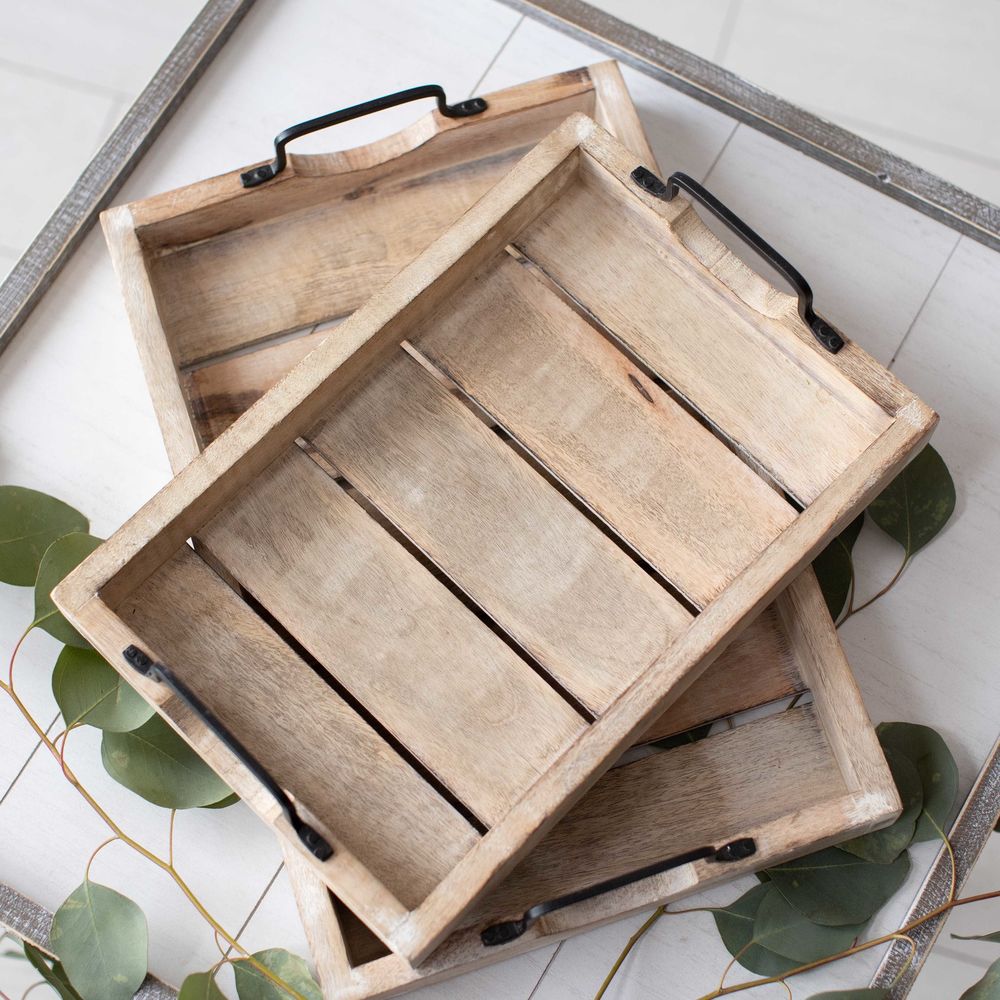 Mango Wood Nested Trays — Natural & White (Set of 2)
