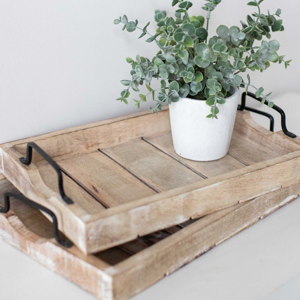 Mango Wood Nested Trays — Natural & White (Set of 2)
