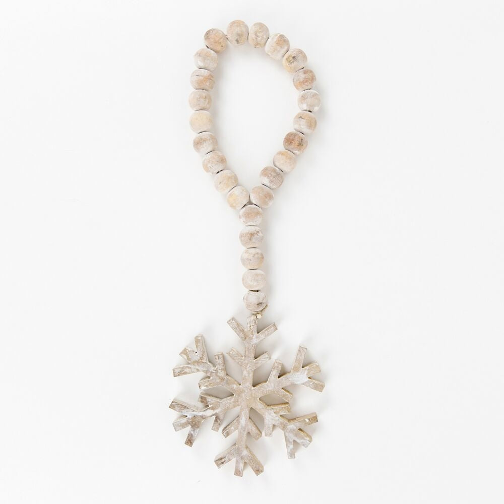16" Mango Wood Bead Ornament (Snowflake) White