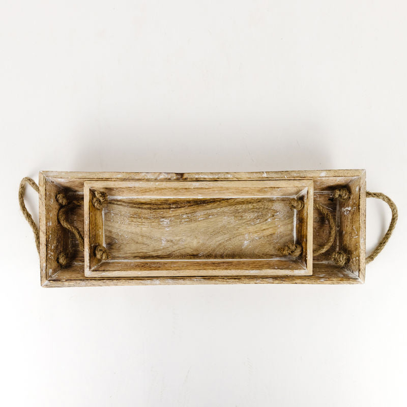 13" X 1.5" X 5.5", 19" X 2" X 6.5" Mango Wood Nested Trays Set Of 2, Natural/White