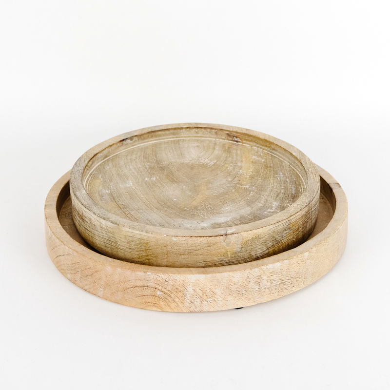 10" X 1.5" X 10", 12" X 1.5" X 12" Mango Wood Nested Round Plates Set Of 2, Natural/White