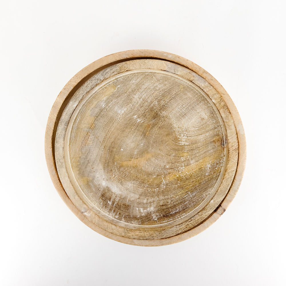Mango Wood Round Nested Trays — Natural White (Set of 2)