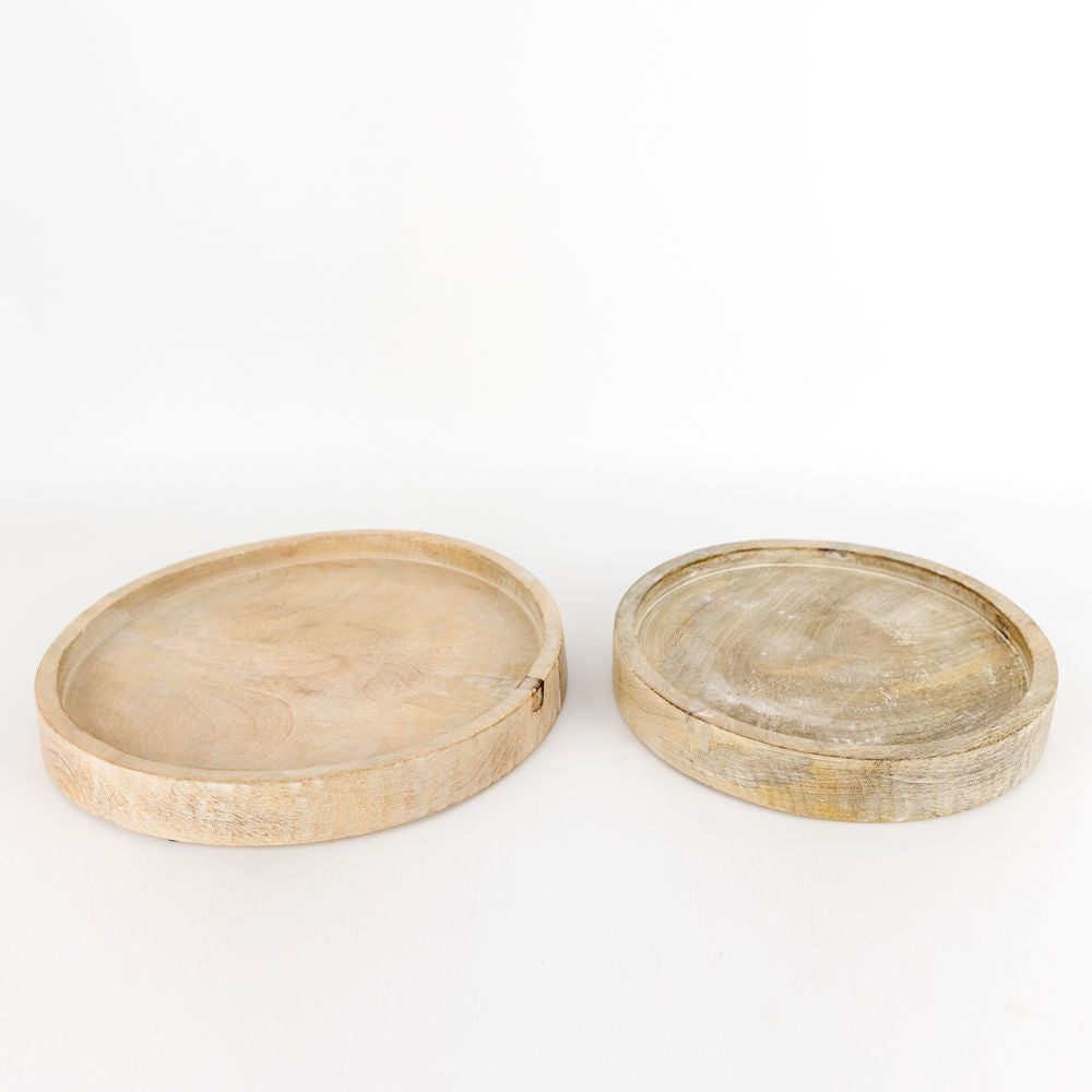 Mango Wood Round Nested Trays — Natural White (Set of 2)