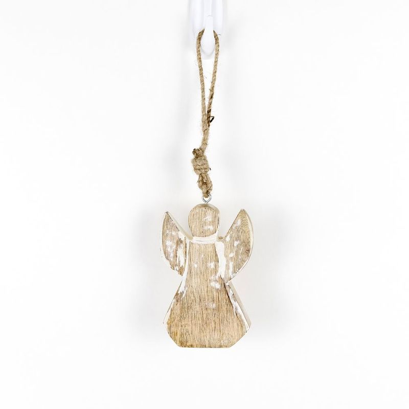 3.5" X5" X .75" Mango Wood Ornament (Angel) Natural/White