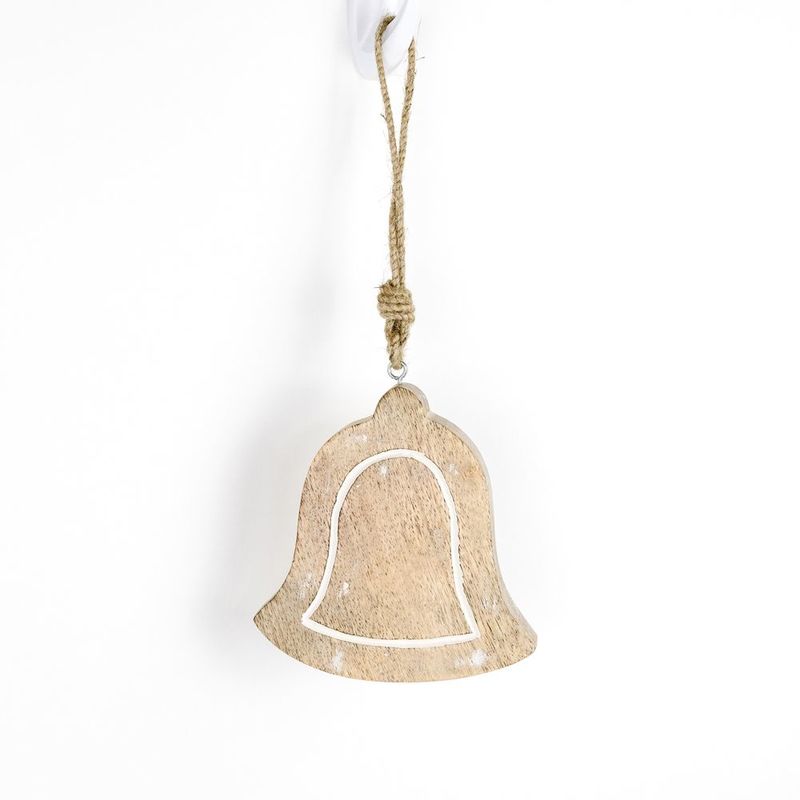 5" X 5" X .75" Mango Wood Ornament (Bell) Natural/White