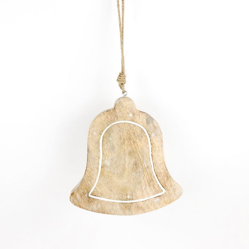 7.75" X 8" X .75" Mango Wood Ornament (Bell) Natural/White