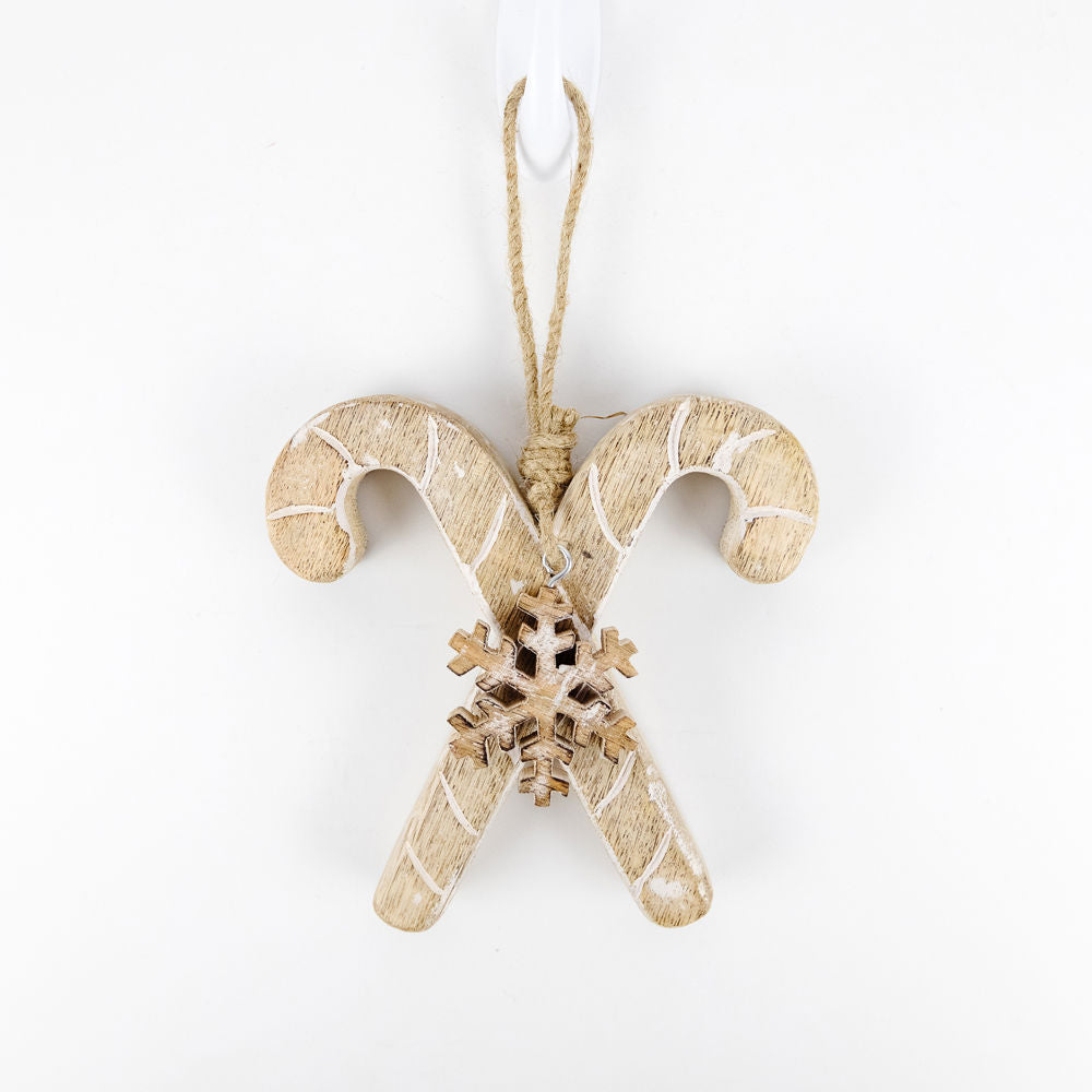 6" Mango Wood Ornament — Candy Cane | Natural White