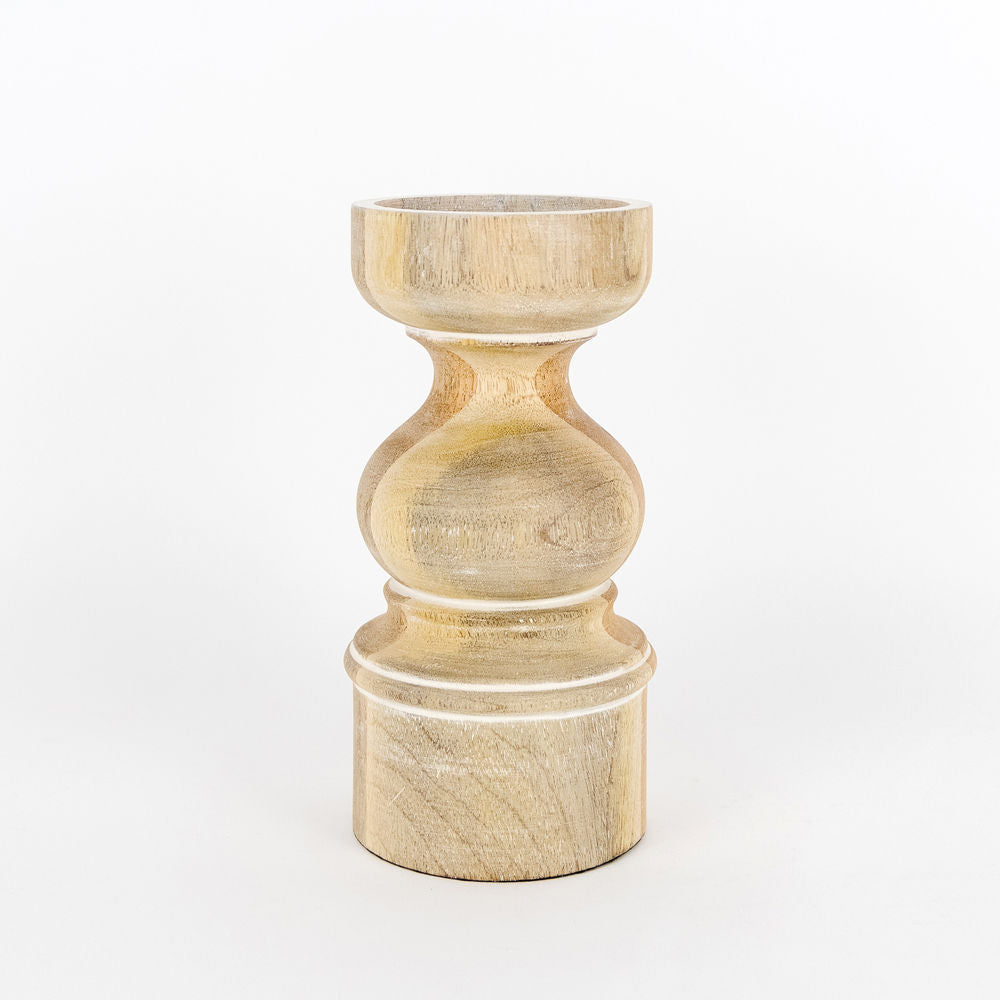 8" Mango Wood Candle Holder — Natural & White