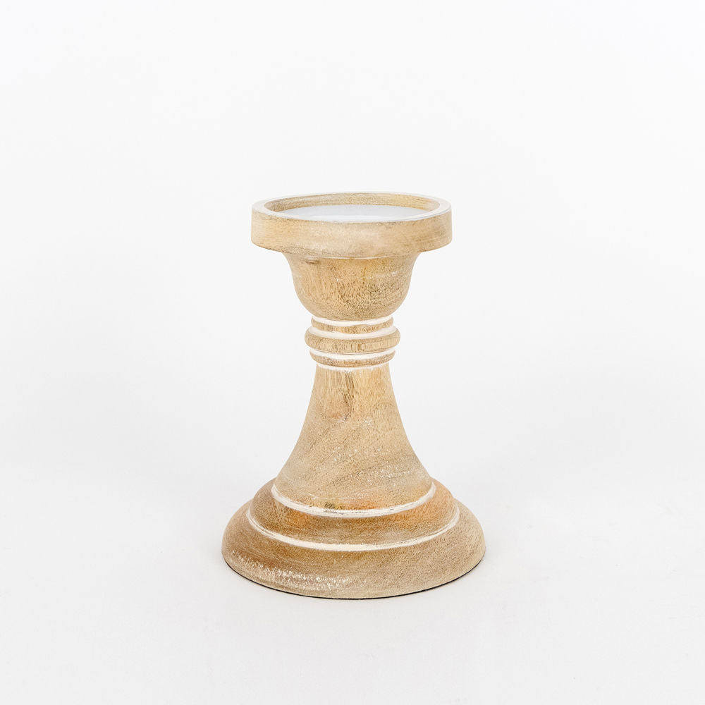 6" Mango Wood Candle Holder — White Washed