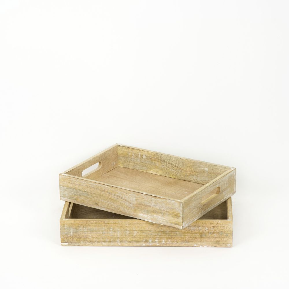 16" X 2.5" X 10.75", 14" X 2.5" X 10" Mango Wood Nested Trays Set of 2, Natural/White