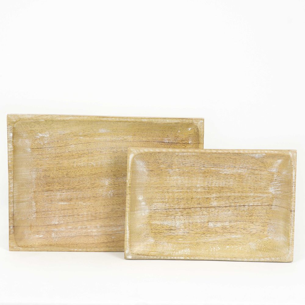 14" X 1" X 10", 12" X 1.8" X 8.25" Mango Wood Nested Trays Set of 2, Natural/White