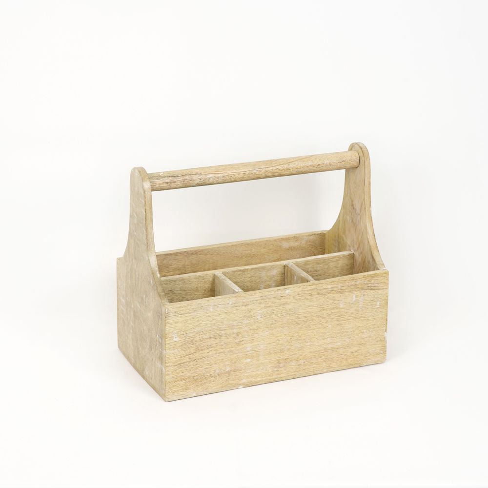 13.75" X 12.25" X 8" Mango Wood Caddy with Handle, Natural/White