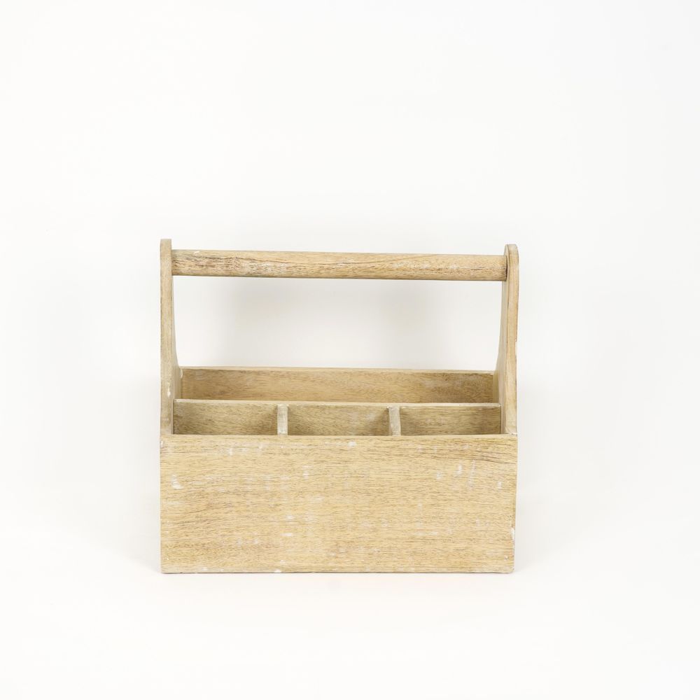 14" Mango Wood Caddy with Handle — Natural White