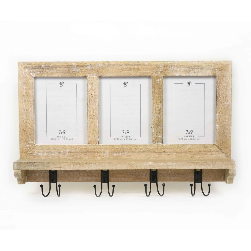28" X 17.75" X 5.25" Mango Wood Shelf with 4 Hooks, Natural/Black/White