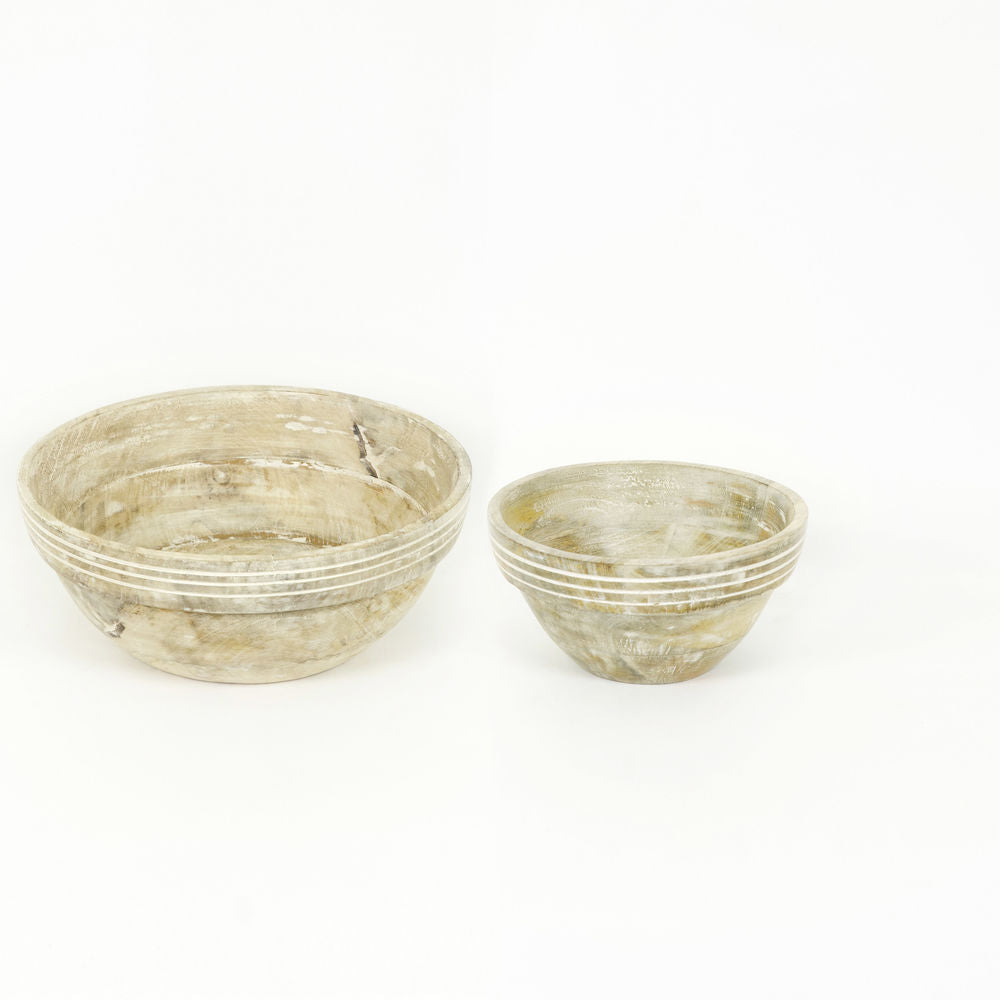 8" X 4" X 8", 12" X 5" X 12" Mango Wood Nested Bowls Set of Two, Natural/White