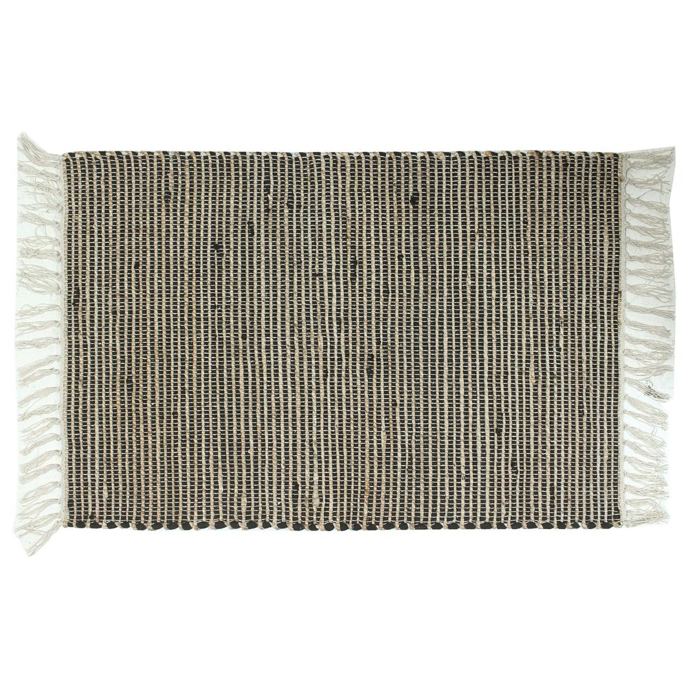 24" X 35" Jute/Chindi Rug with Fringes, Black/Natural