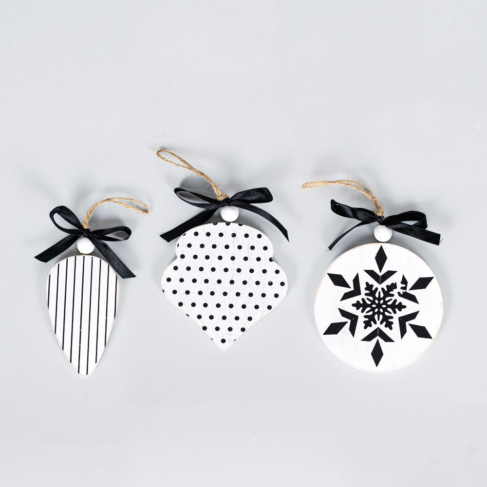 4" X 4.75" X .25" Wood Ornament Set Of Three, White/Black