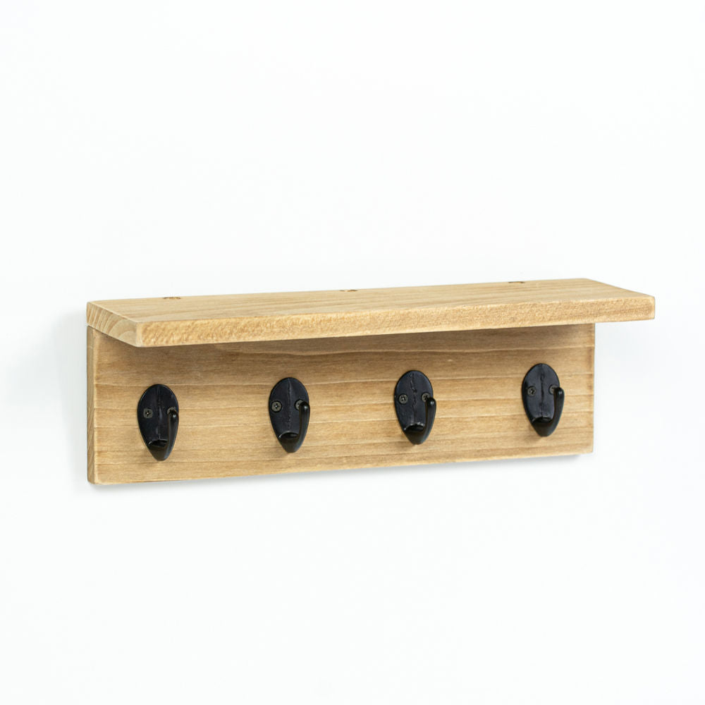 10" Wood Shelf with Ledge & 4 Hooks — Natural & Black