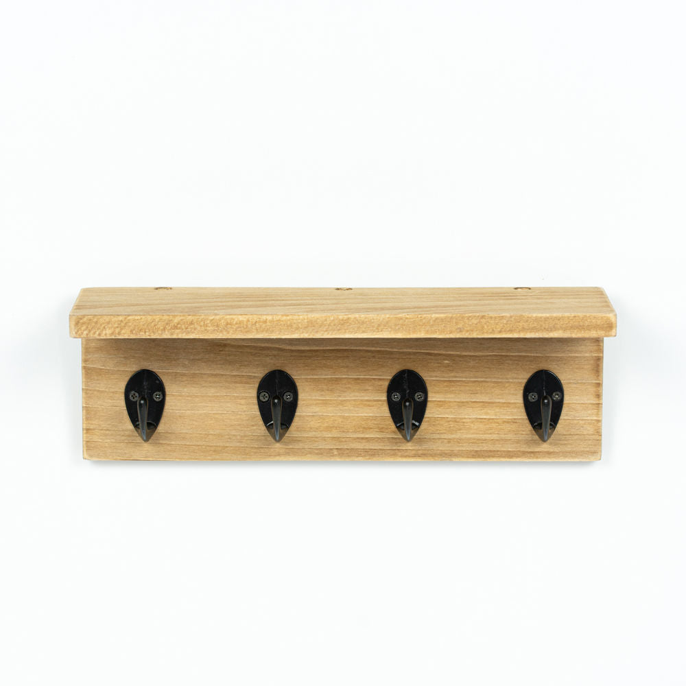 10.25" X 3.5" X 3" Wood Hookboard with Ledge 4 Hooks, Natural/Black