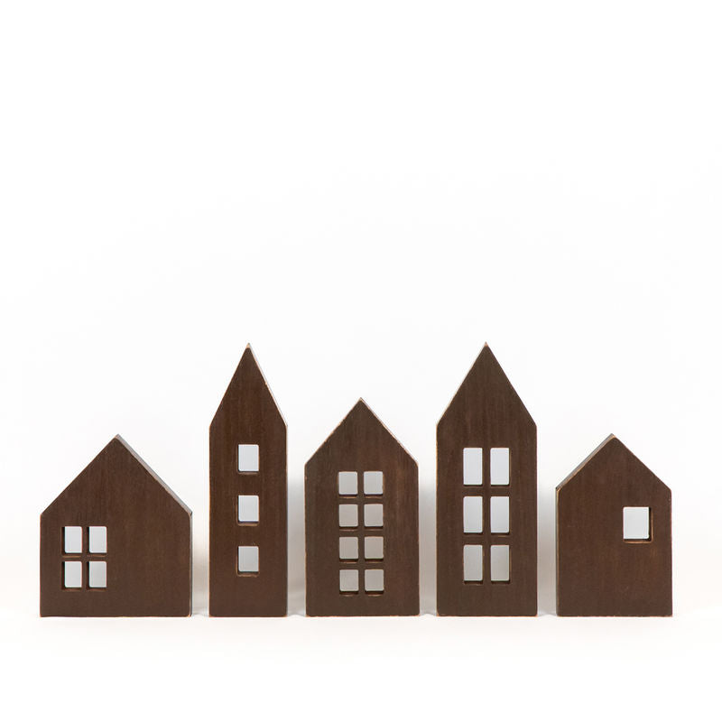6.25" X 7.75", 3.25" X 12", 5" X 9.25" X 1" Wood Cutout Set Of Five (Houses) Brown