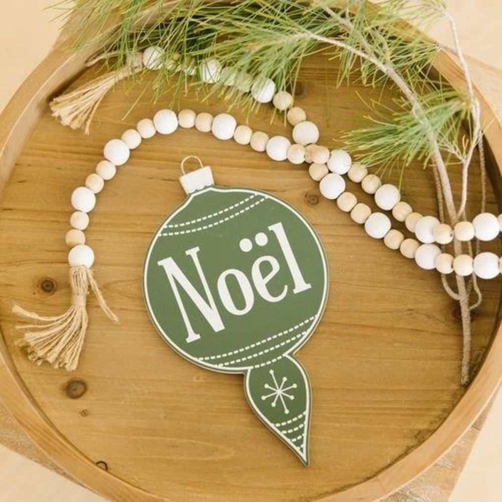 10" Wood Ornament — Noel | White & Green