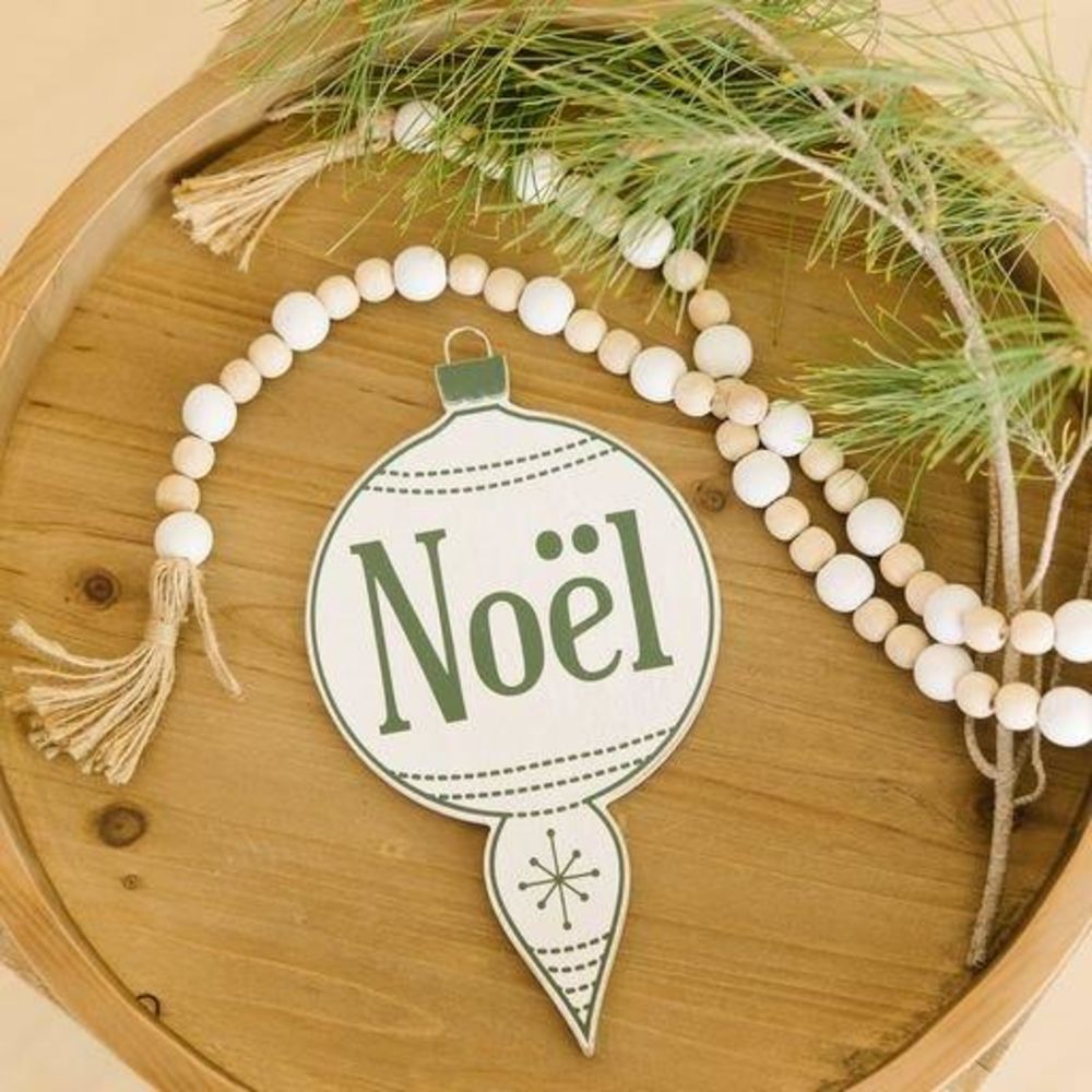 10" Wood Ornament — Noel | White & Green