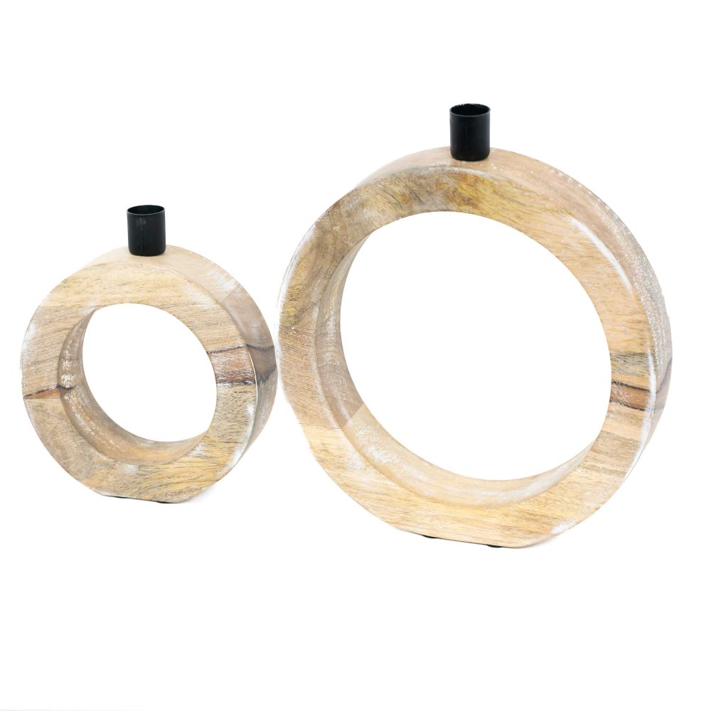 Mango Wood Nested Round Candle Holders — Natural & Black (Set of 2)