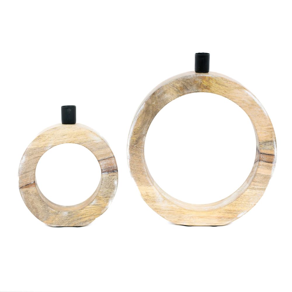 Mango Wood Nested Round Candle Holders — Natural & Black (Set of 2)