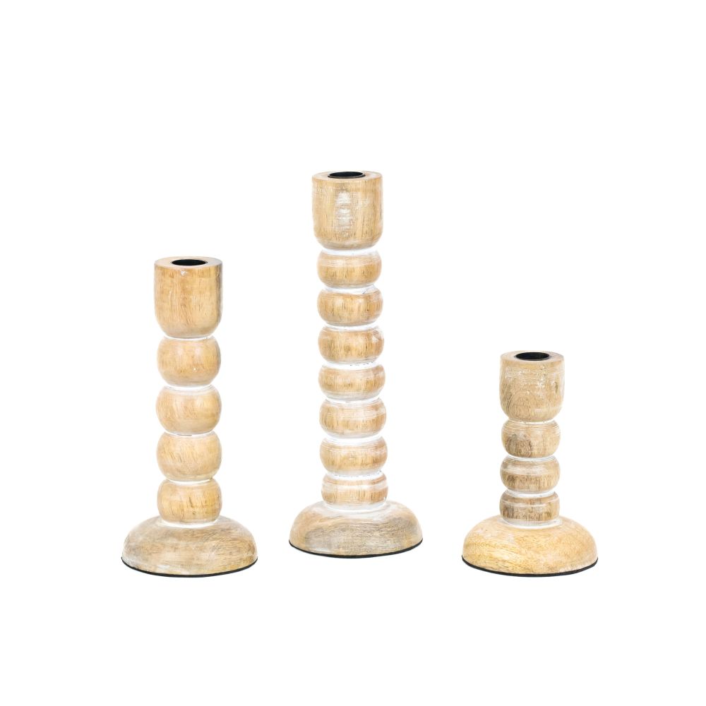 Mango Wood Candle Holder Set — Natural & White (Set of 3)