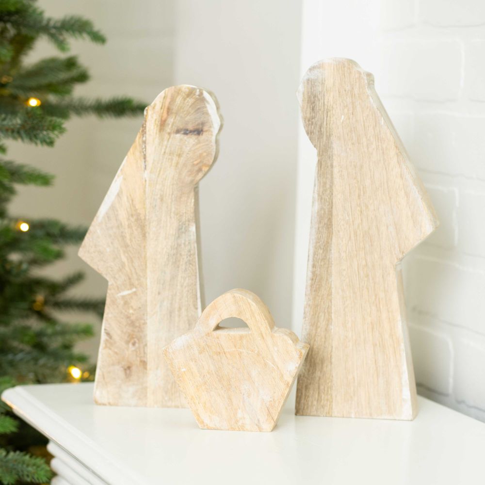 12" Mango Wood Cutout Nativity Set — Natural & White (Set of 3) | Sundara Collection
