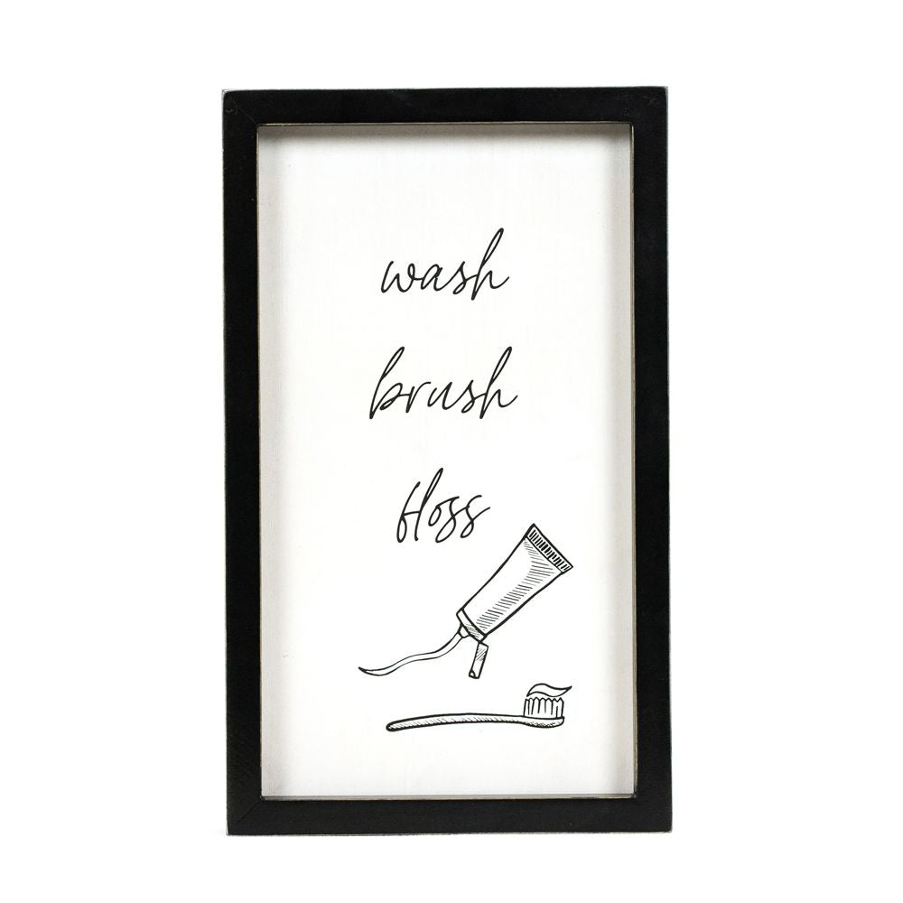 7" x 12" Reversible Wood Frame Sign — Wash Brush Floss/Comb | Washroom Collection