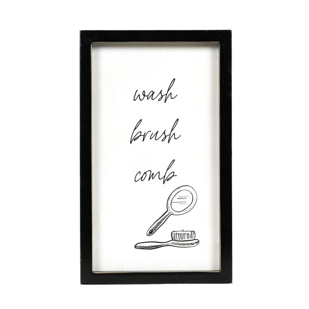 7" x 12" Reversible Wood Frame Sign — Wash Brush Floss/Comb | Washroom Collection