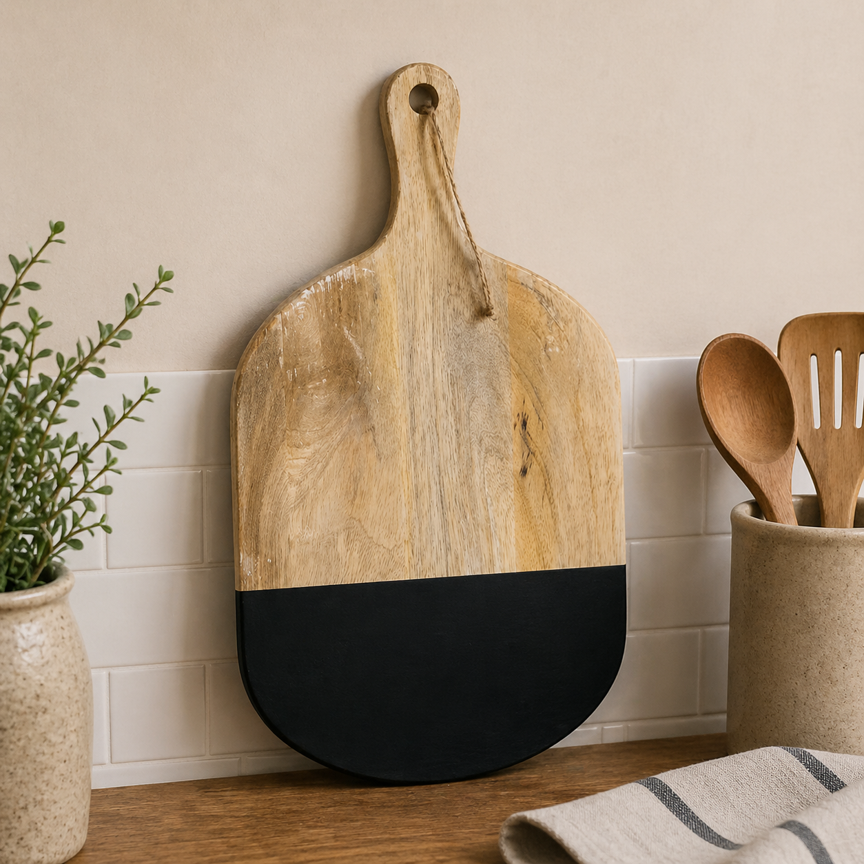 16" Mango Wood Chopping Board with Handle — Natural & Black | Sundara Collection