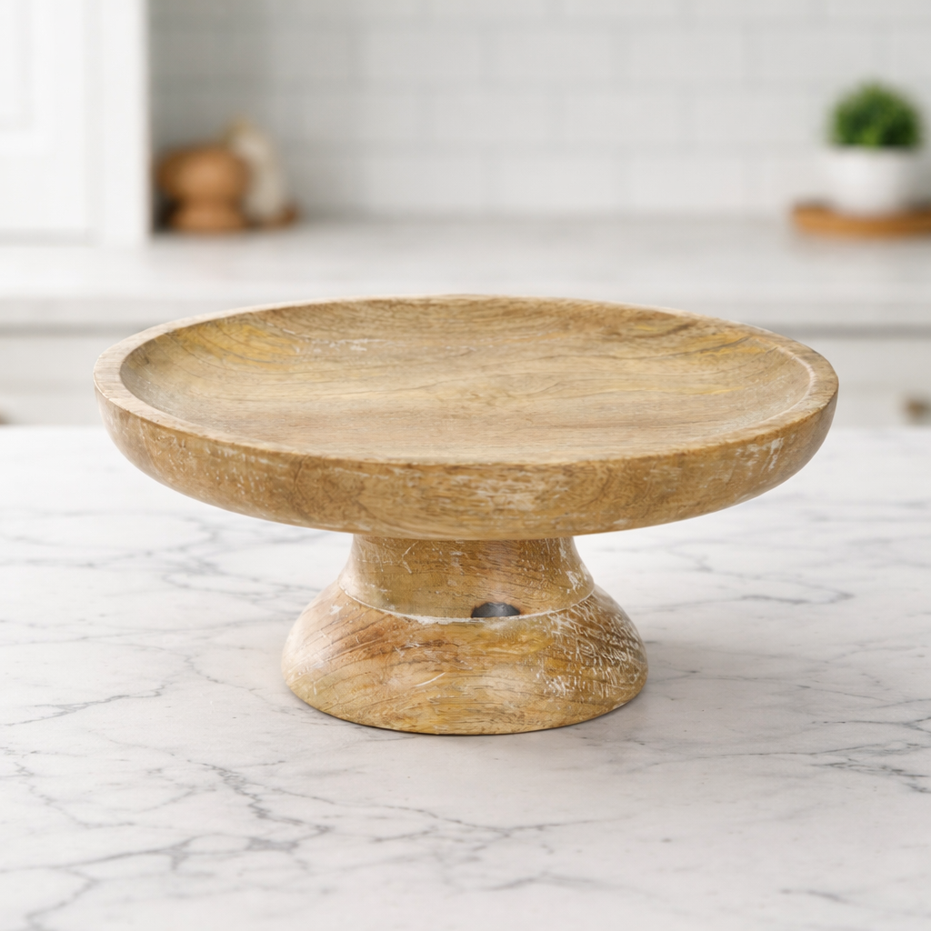 10" Mango Wood Pedestal Bowl — Natural White